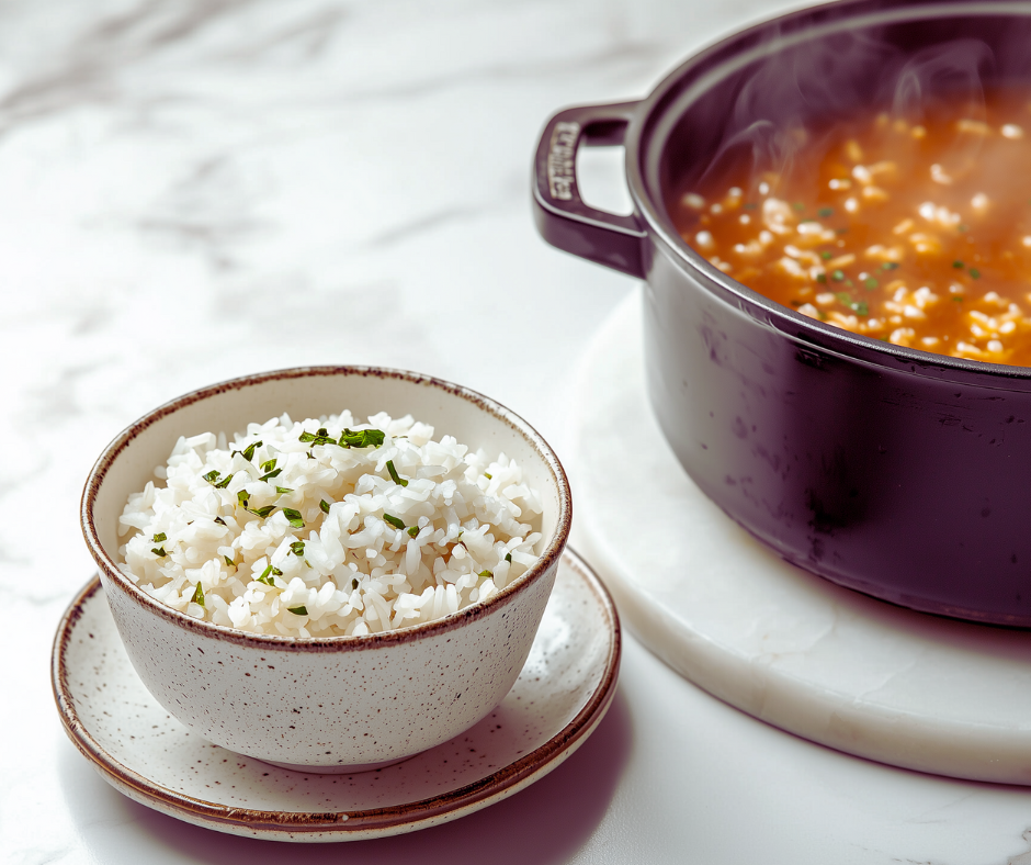 A serving of pre-cooked rice in a bowl, ready to be added to soup.