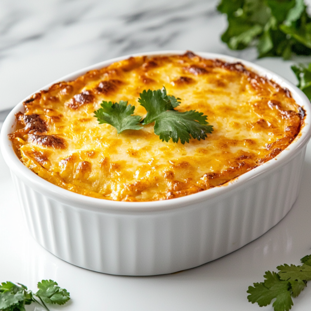 "Baked enchiladas in casserole dish"