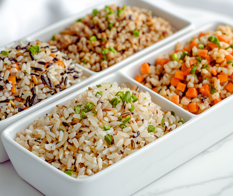 Assorted rice varieties in small bowls on a kitchen counter