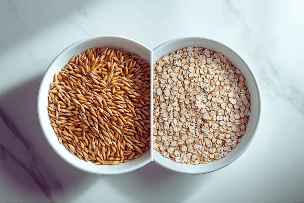 Bowl of oats and wheat grains side by side