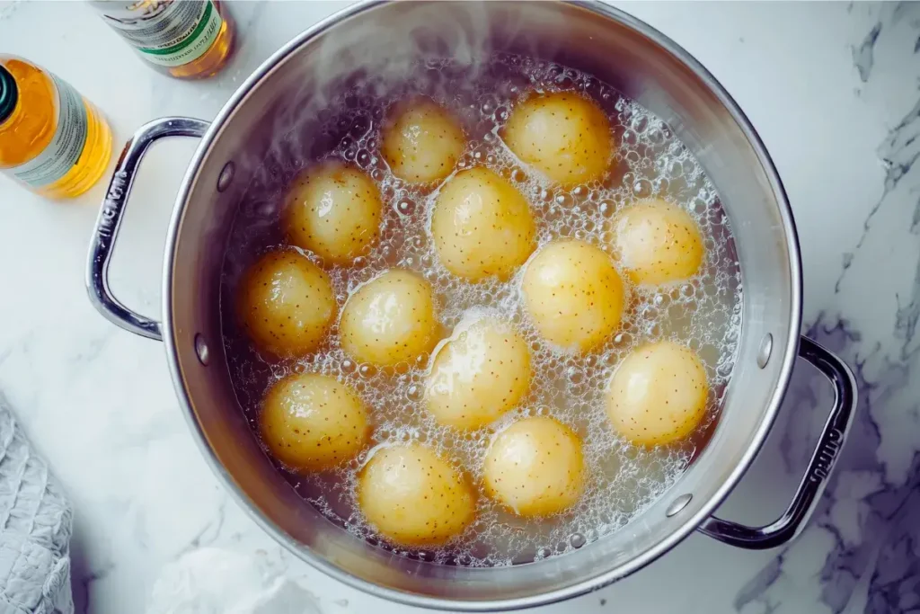 Close-up of steaming potatoes being mashed