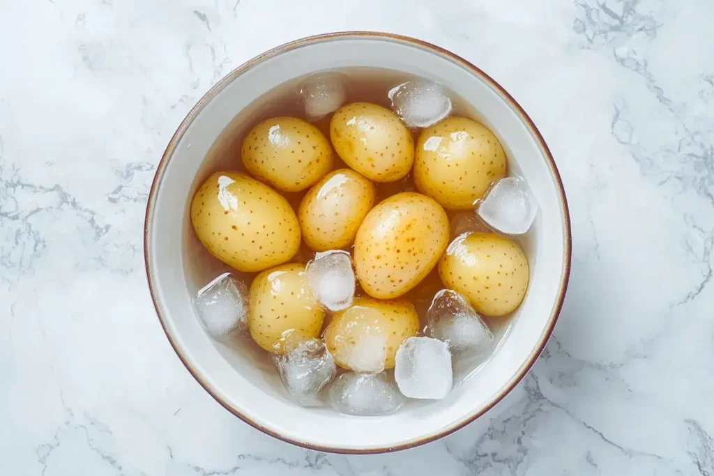 "Boiled potatoes cooling in a bowl"