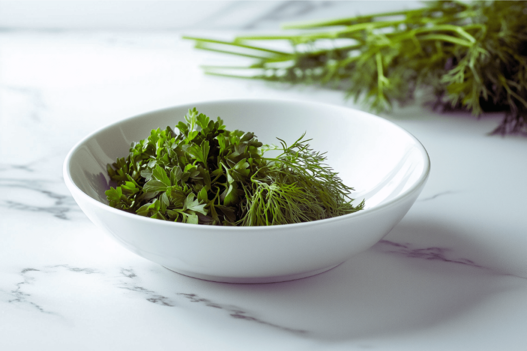 "Adding herbs to potato salad"