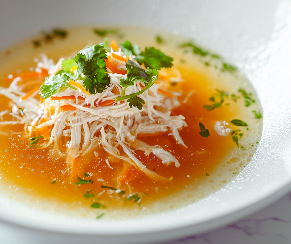 "Clear chicken soup broth example"