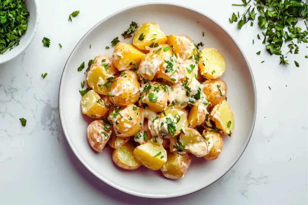 A variety of ingredients laid out for potato salad