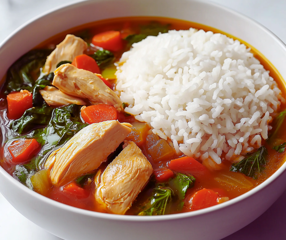 Steaming bowl of soup with visible grains of rice