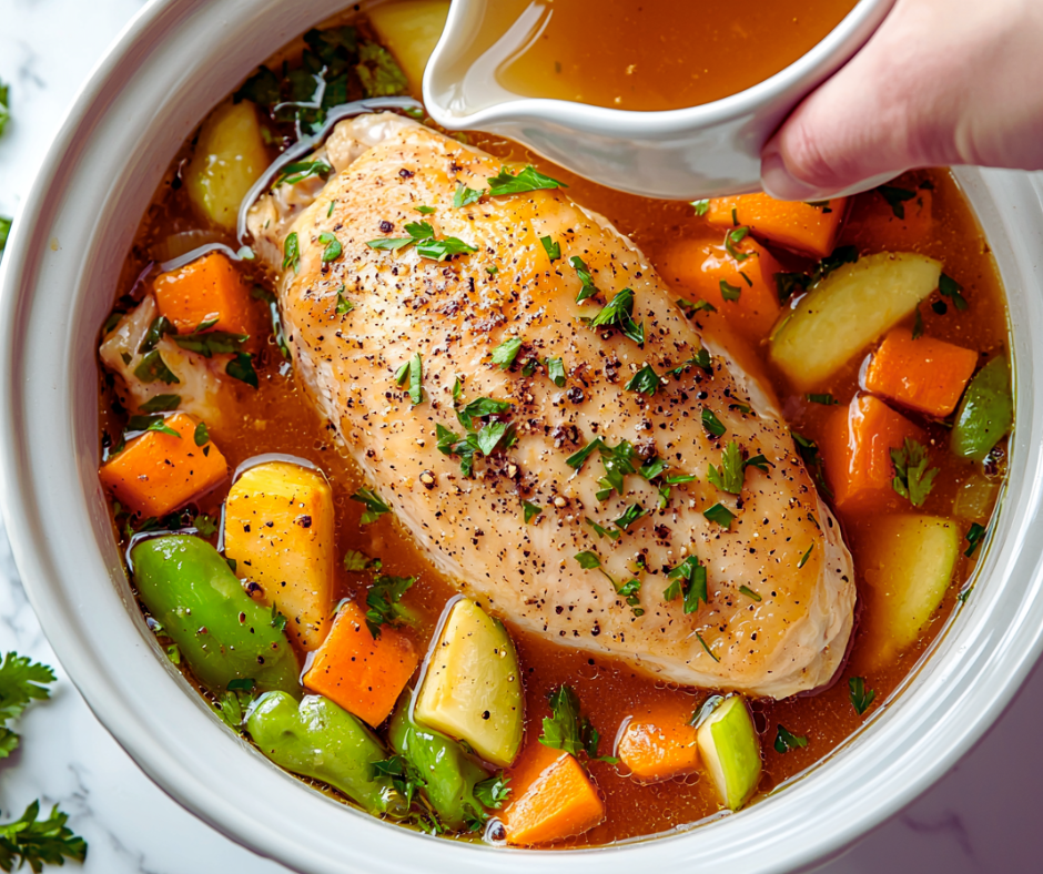 Adding broth to crockpot chicken