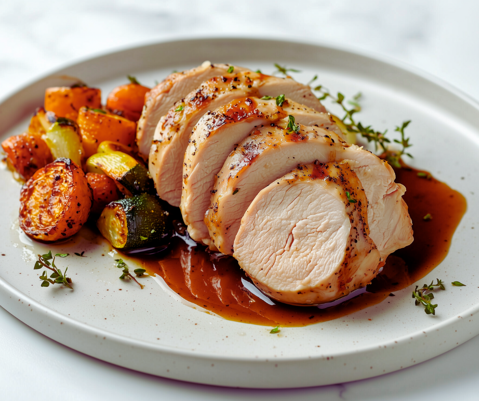 Juicy chicken breasts served on a plate after being slow-cooked.