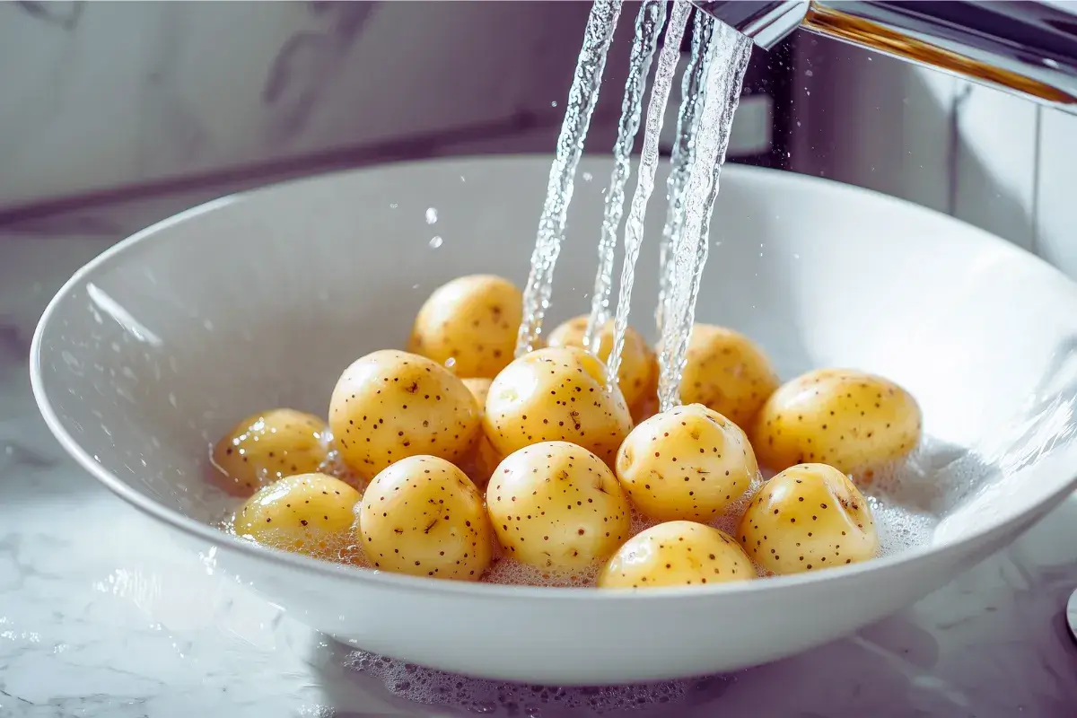 "Rinse potatoes in cold water"