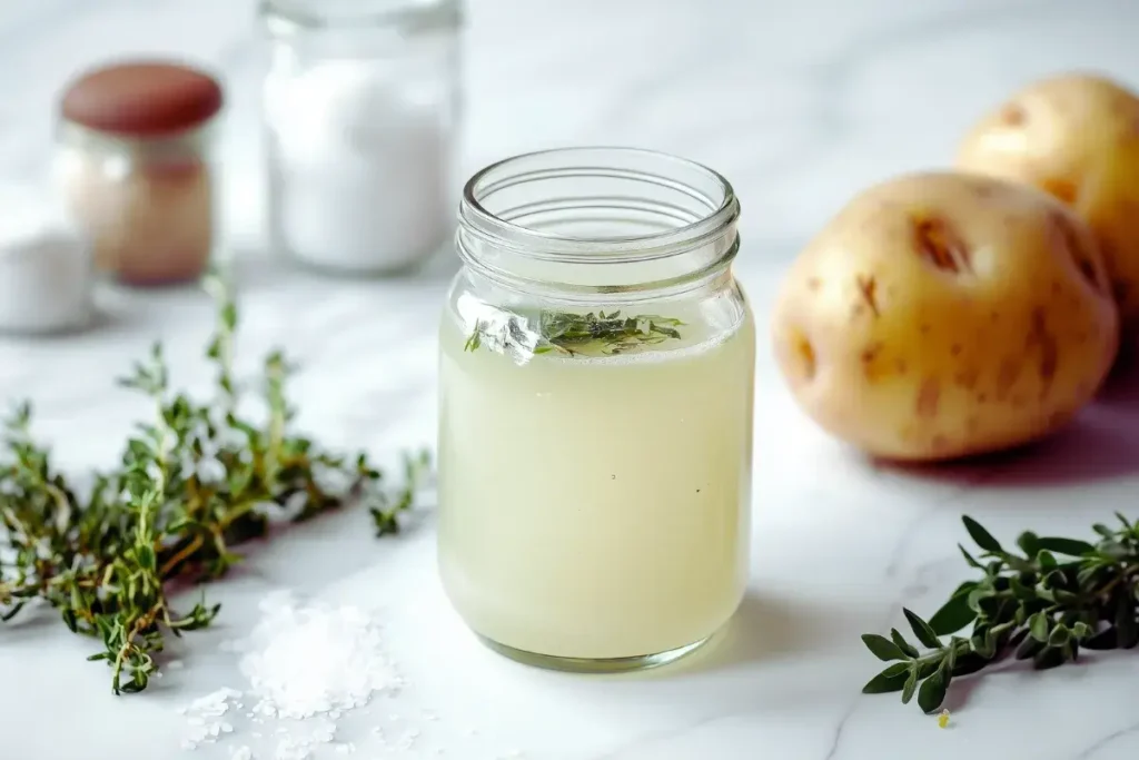 Rinse potatoes in cold water and collect potato water in a glass jar